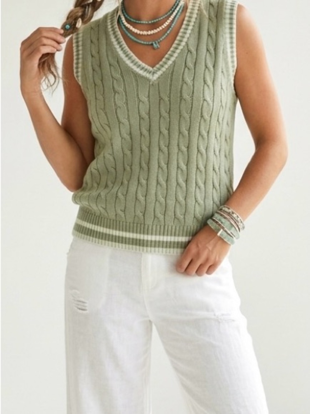 Brandy Melville Marlena Cable Knit Sweater Vest Sage Matcha Green White Trim OS